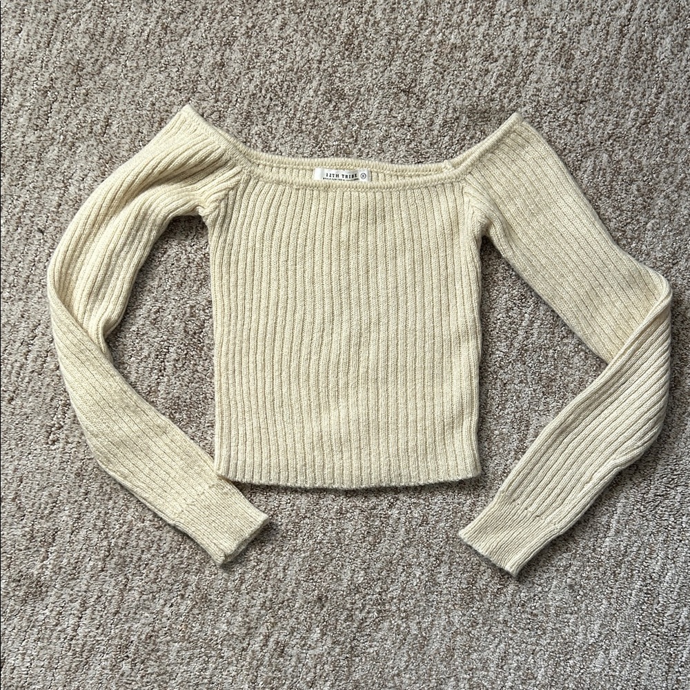 12th Tribe Beige Ribbed Off-Shoulder Sweater